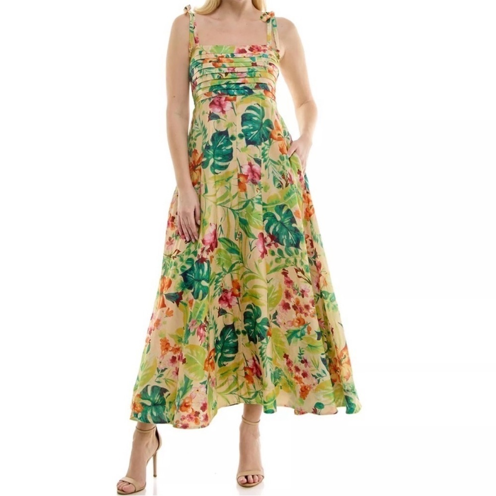 NWOT Taylor Floral Tropical Floral A-Line XS Maxi Dress Smocked Pleated Pockets - Picture 1 of 12